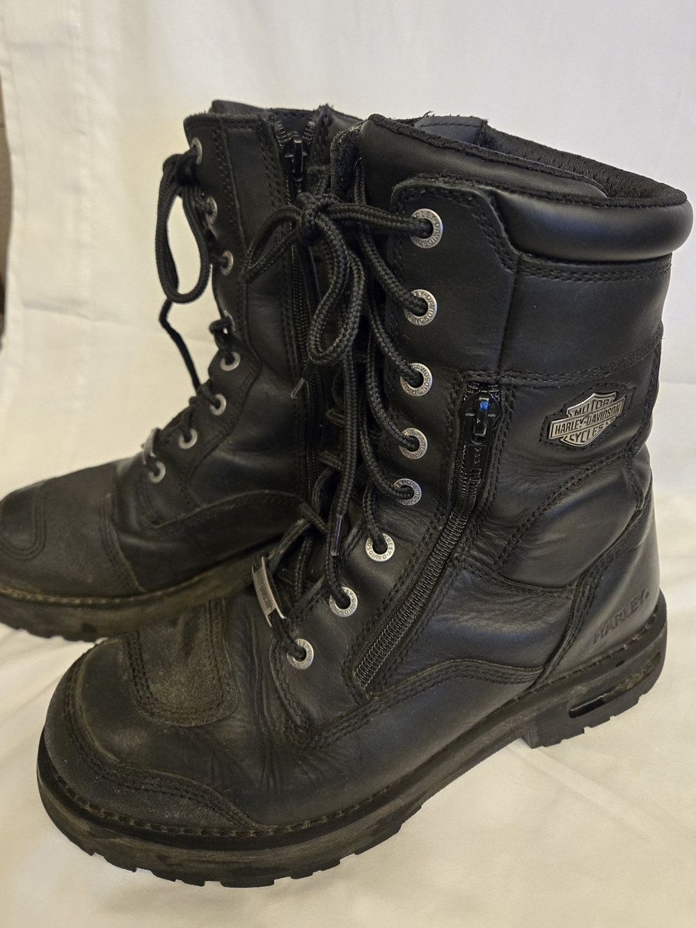 Harley-Davidson Black Leather Lace-Up Zip Moto Boots